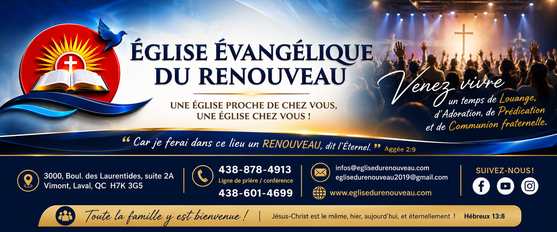Bannière de l’Église Évangélique du Renouveau avec ses coordonnées, son adresse et son invitation à la louange