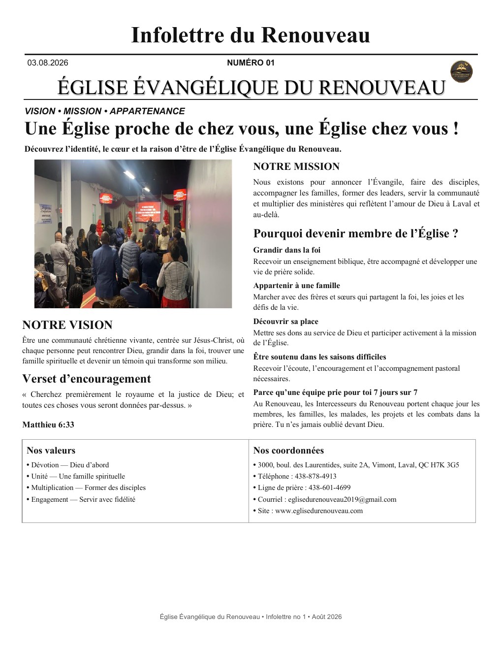 Première page de l’infolettre du Renouveau, numéro 01, Août 2026