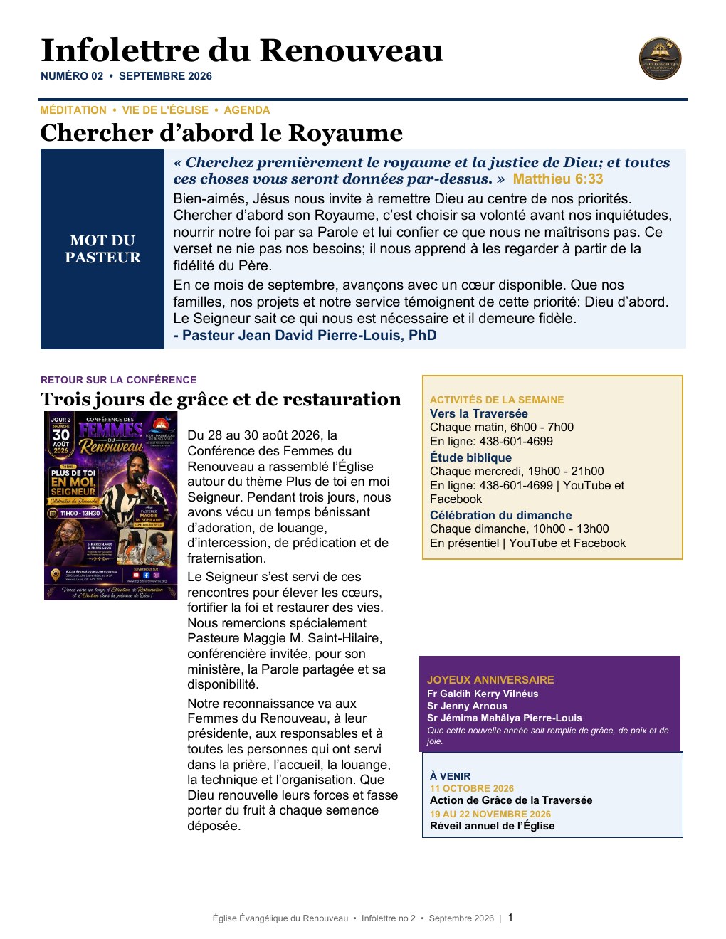 Première page de l’infolettre du Renouveau, numéro 02, Septembre 2026